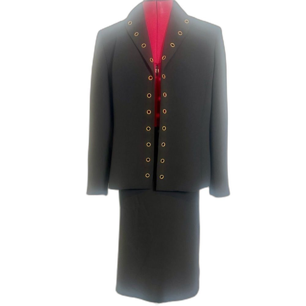 Kasper Skirt Suit Size 14P/14 Black w/Gold Grommets 2-Piece Set Blazer & Skirt